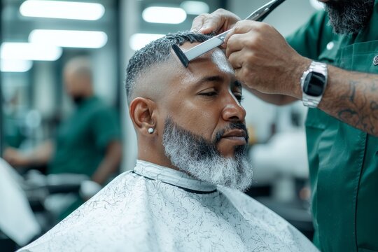 A man with a salt-and-pepper beard gets a haircut at a barbershop, focusing on precise grooming and care for his hair and beard.
