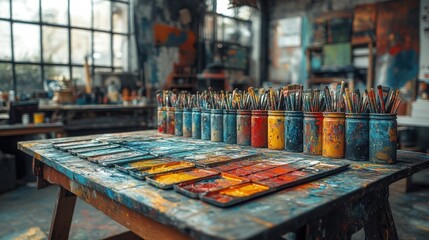 The workshop features a large table covered in colorful paints and brushes, showcasing creativity