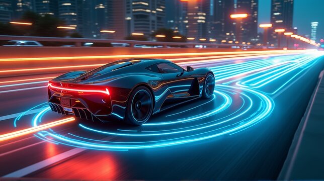 A futuristic sports car scans its surroundings while racing through a neon-lit city. Glowing rings beneath the car highlight its advanced environmental sensors.