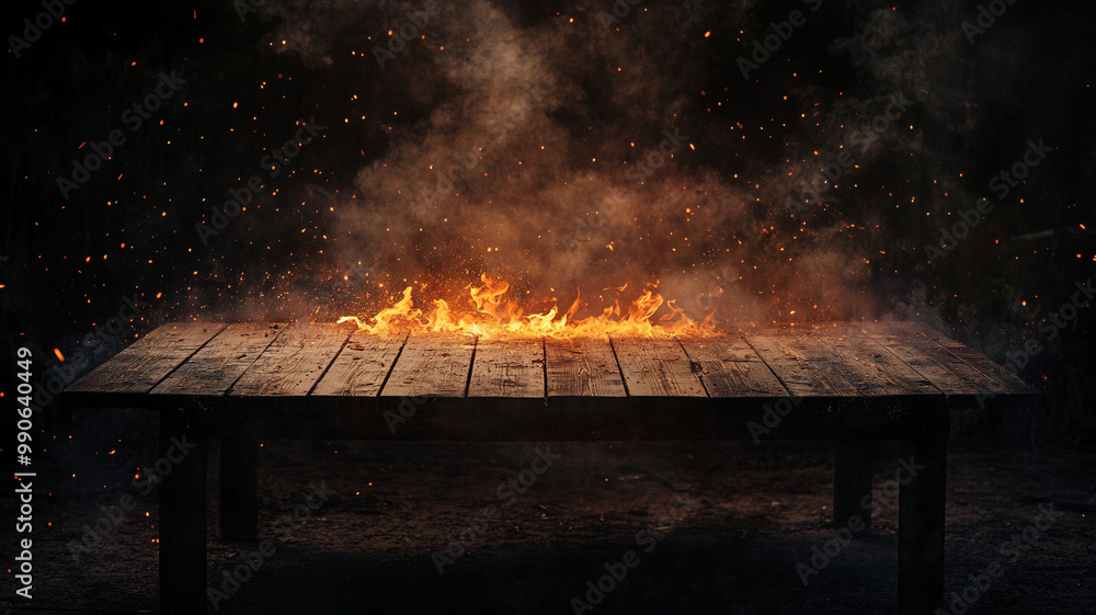 Poster a wooden table ignited with flames and floating embers in a dark setting