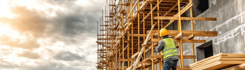 A construction worker in a hard hat inspects wooden scaffolding at a building site during a cloudy sunset.