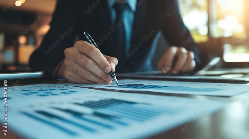 Poster close-up of a businessman's hand signing a document with a pen.
