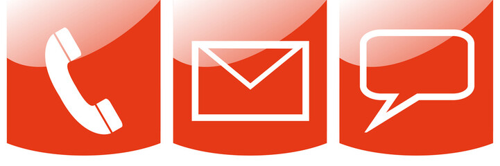 Kontakt Banner in rot: Telefon, E-Mail oder Chat
