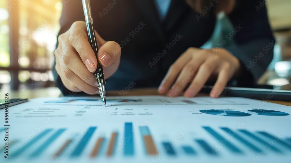 Poster a businesswoman's hand writing on a document with graphs and charts.