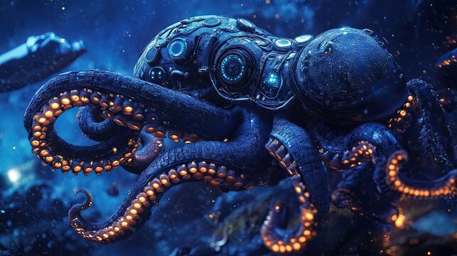 A Cybernetic Octopus with Glowing Tentacles in a Deep Blue Environment