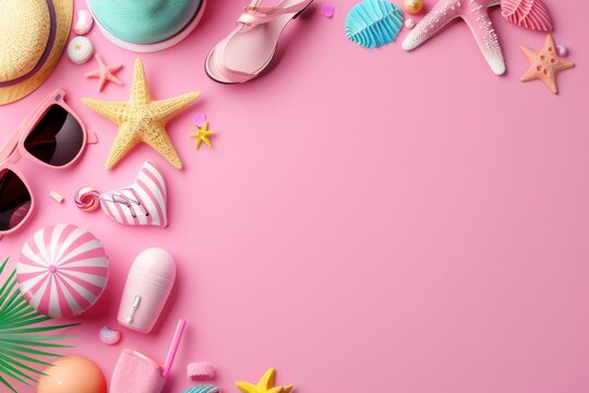 A vibrant collage showcases an array of summer essentials perfect for a holiday, including beach hats, sunglasses, flip-flops, and colorful decorations against a pink backdrop.