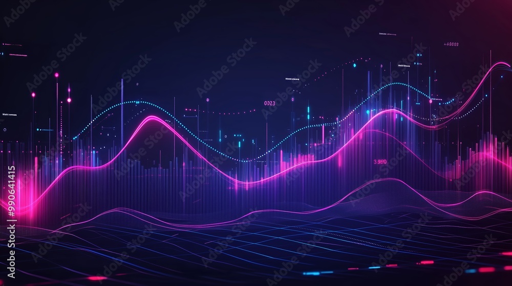 Poster dynamic visualization of data trends with vibrant colors depicting market fluctuations in a digital 