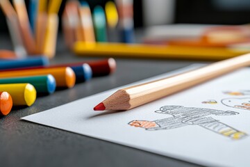 A close-up shot of colorful pencils and a childs drawing, showcasing the vibrant colors and creativity involved in the art process.
