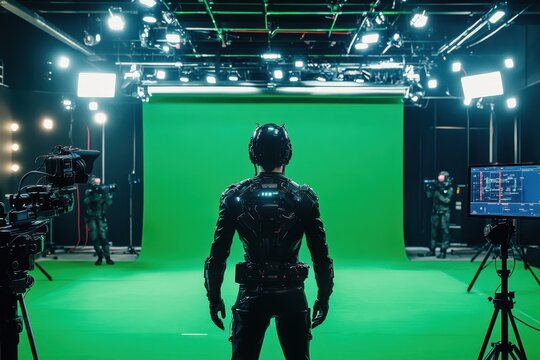 A film actor wearing a motion capture robot suit on a film set, surrounded by a green screen and professional film lighting. The scene captures the high-tech process of creating CGI and special effect