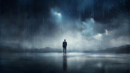 Lonely figure standing in the rain on a reflective surface under a dramatic stormy sky