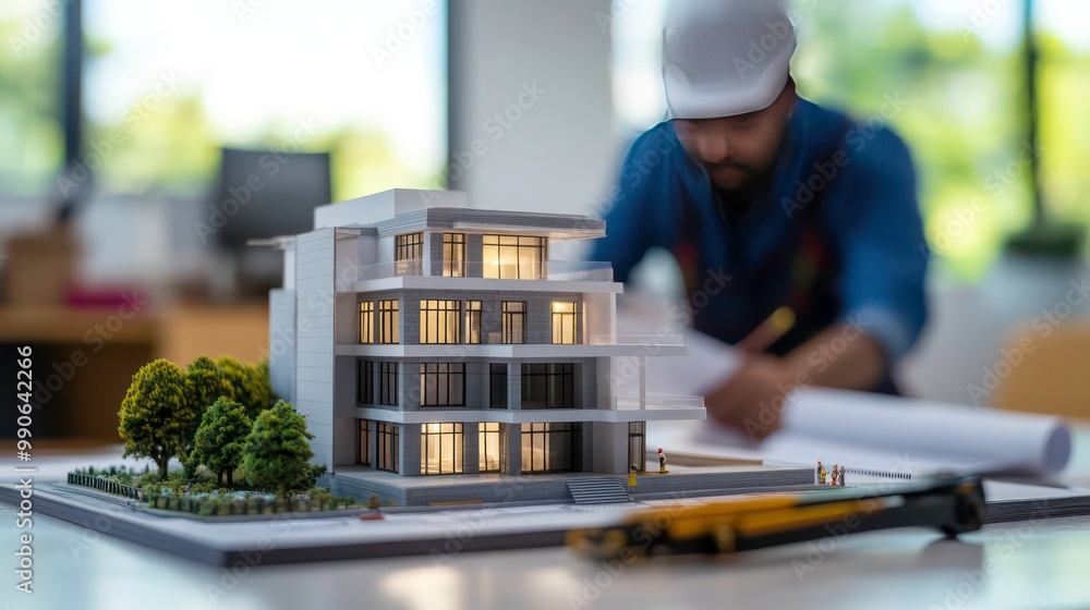 Poster architect working on a model of a modern house with lights on.