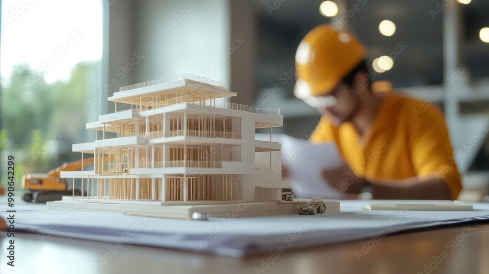 Poster Architect working on a blueprint with a model of a modern building.
