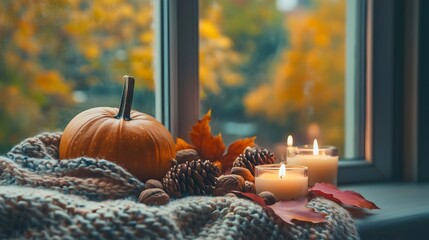 Autumn hygge scene featuring pumpkins, colorful fall leaves, flickering candles, assorted nuts, and pine cones arranged on a soft woolen scarf on a windowsill