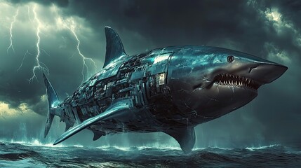 Fototapeta premium A Mechanical Shark Breaching the Surface of a Stormy Sea