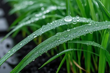 Naklejka premium Close-up of fresh green leaves with water droplets on a rainy day, representing nature and environmental freshness.