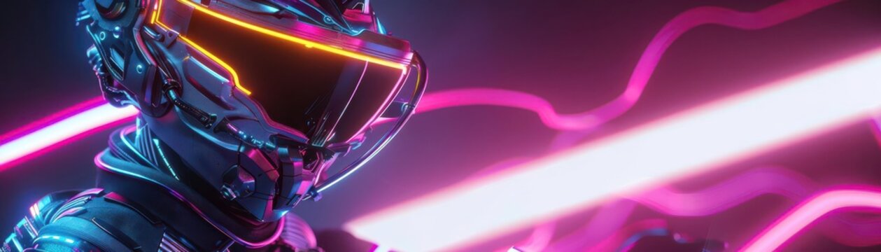 Virtual gaming avatar with glowing neon armor and weapons, Sci-fi fantasy, Bright digital colors, Techno illustration