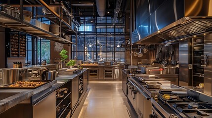 Fototapeta premium Modern Minimalist Kitchen Room with Wooden Table, luxurious Interior Design, Furniture with Background