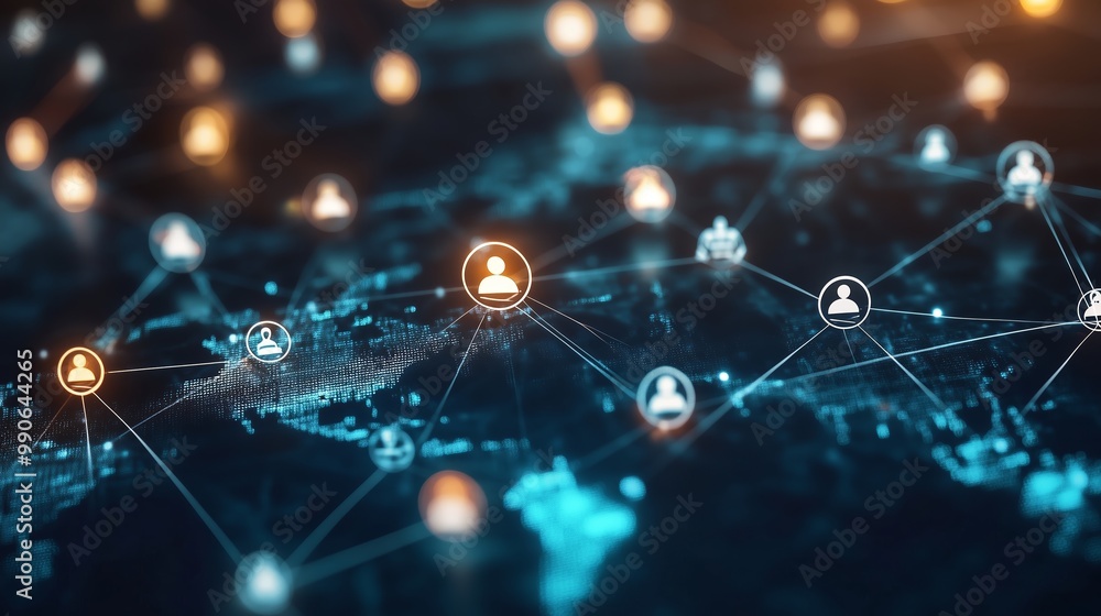 Poster visual representation of a digital network connecting users across a global map with glowing nodes a