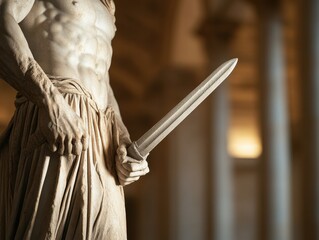 Obraz premium A detailed close-up of a classical statue holding a sword, showcasing the artistry and craftsmanship of ancient sculpture.