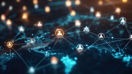 Visual representation of a digital network connecting users across a global map with glowing nodes and links at night