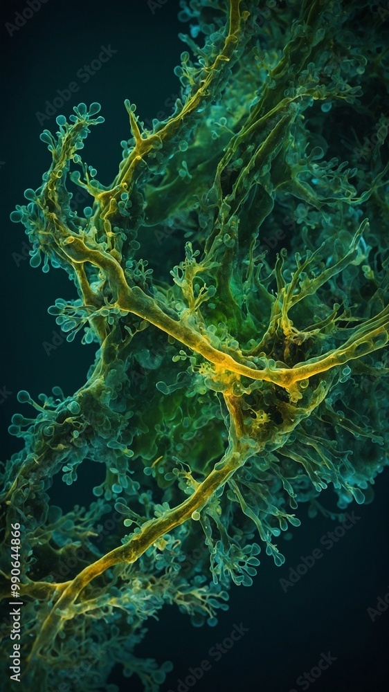 Poster intricate green and yellow neural network or brain cells, with complex branching structures and inte