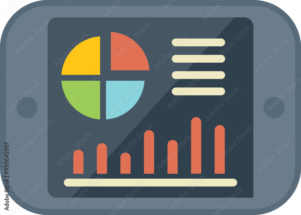 Poster mobile phone is displaying various colorful charts and graphs, indicating positive growth and data a