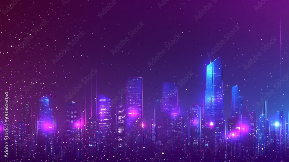 Wall mural Neon city skyline with glowing lights and a starry night sky.