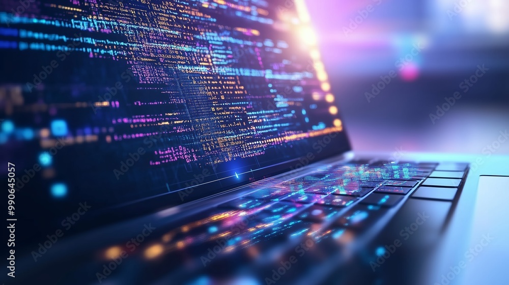 Poster colorful digital data streams illuminated on a laptop keyboard during a tech conference in an urban 