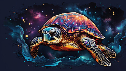 A colorful, stylized turtle, glowing with space-like colors, is in a dark background with swirling nebulae.