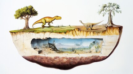 Fototapeta premium Prehistoric Panorama of Surreal Landscape with Dinosaur