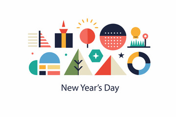 Fototapeta premium Colorful abstract icons celebrating new year’s day with geometric designs