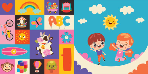 Colorful Concept Design With Childish Illustrations