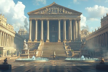 Imposing Greek temple style architecture with columns and fountains in ancient city, representing government, law, and philosophy