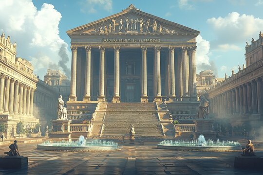 Imposing Greek temple style architecture with columns and fountains in ancient city, representing government, law, and philosophy