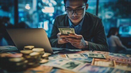 A focused young man examines cash while seated at a desk surrounded by various currencies in a bustling office at night