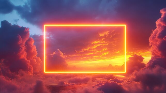 Orange and yellow neon rectangle frame floating over a cloudy sky in a surreal futuristic scene with vibrant glowing edges in a digital design