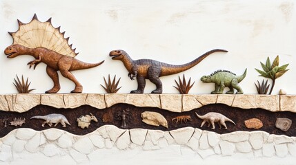 Prehistoric Dinosaurs in Jurassic Landscape with Fossils and Vegetation