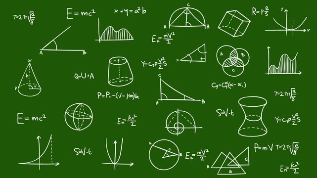 Mathematical formulas and graphs on the green background. 4K 2D animation