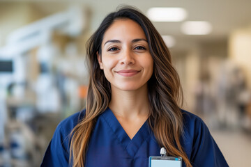 Portrait of a smiling female healthcare professional in a hospital setting wearing navy blue scrubs