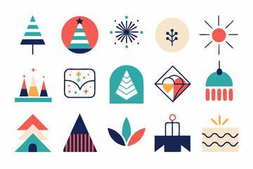 Geometric holiday icons: festive symbols and modern designs in vibrant colors