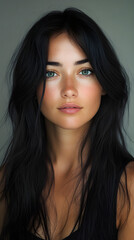 Naklejka premium Beautiful Young Woman with Black Hair and Freckles