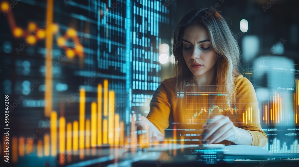 Aufkleber young woman analyzing financial data on a digital interface while working in a modern office setting