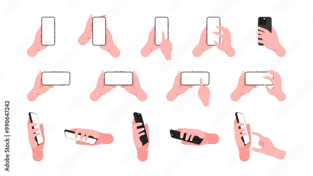 Poster human hand holding mobile phone horizontally and vertically with blank screen. different angles of m