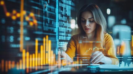 Young woman analyzing financial data on a digital interface while working in a modern office setting