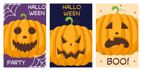 Happy Halloween poster set with pumpkins with different facial expressions. Trendy flat style and funny characters. Collection of cute colorful vector posters for postcard, flyer, banner.