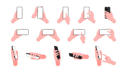 Fototapeta premium Human Hand Holding Mobile Phone Horizontally and Vertically with Blank Screen. Different Angles of mobile phone with Finger Tapping and touching on Display. Vector.