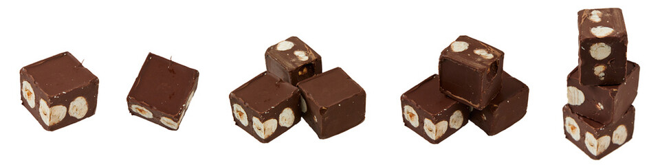chocolate cubes with hazelnuts isolated on white or transparent png