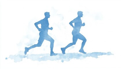 Naklejka premium Blue watercolor illustration of two runners in motion on a white background.
