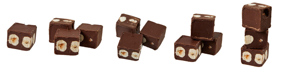 chocolate cubes with hazelnuts isolated on white or transparent png