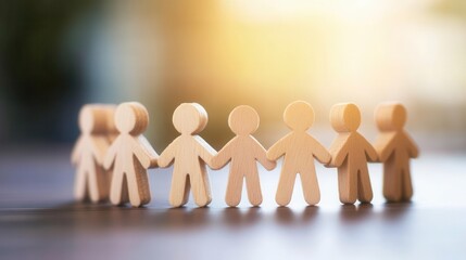 Wooden figurines holding hands in unity, soft background light effect.